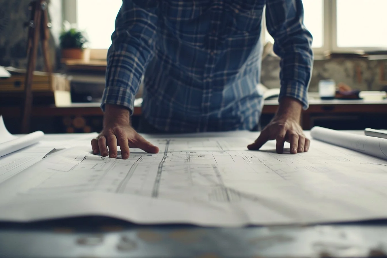Engineer reviewing detailed plans on a large table — data platform build and implementation