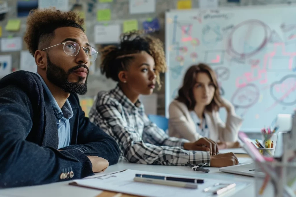 Two professionals in a focused working meeting with whiteboard notes — data strategy consultancy session