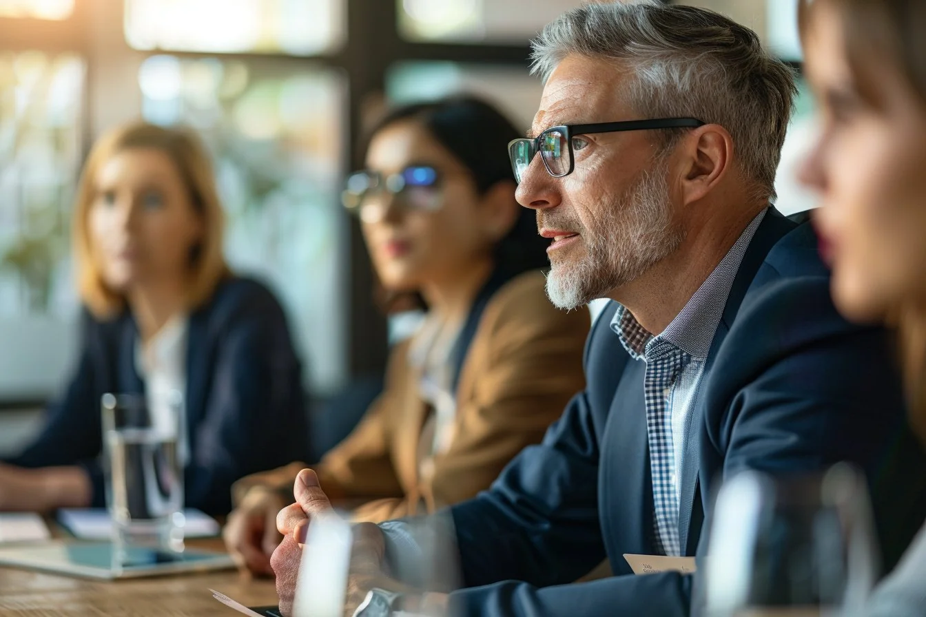 Senior professional listening attentively in a leadership meeting — fractional head of data engagement