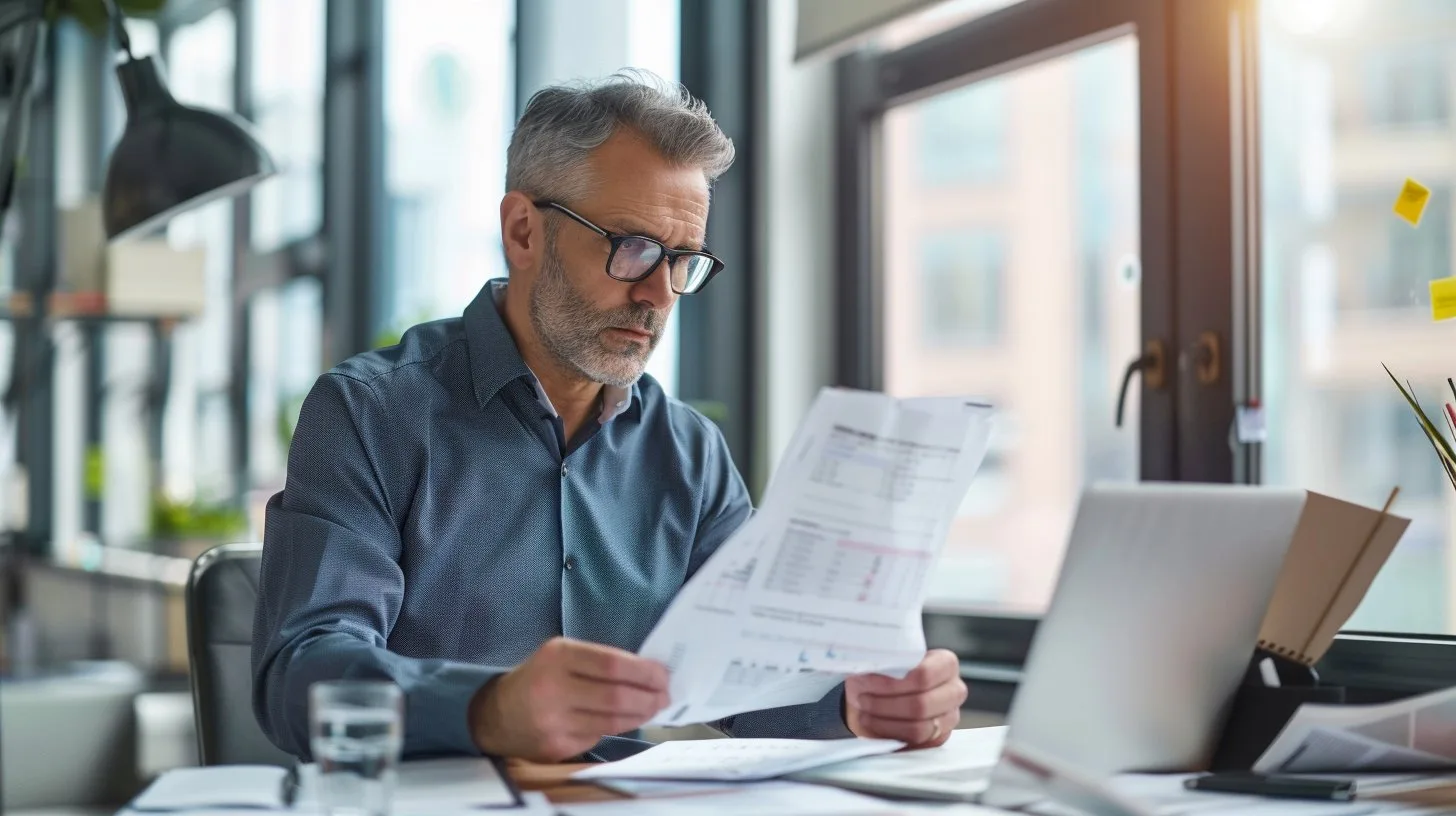 Senior data consultant reviewing strategic documents in a modern UK office