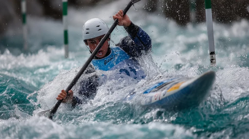 Slalom canoe racer navigating a whitewater course during competition