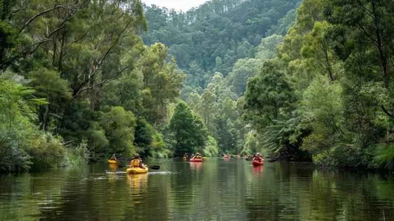 Group of recreational kayakers paddling on a calm river through woodland