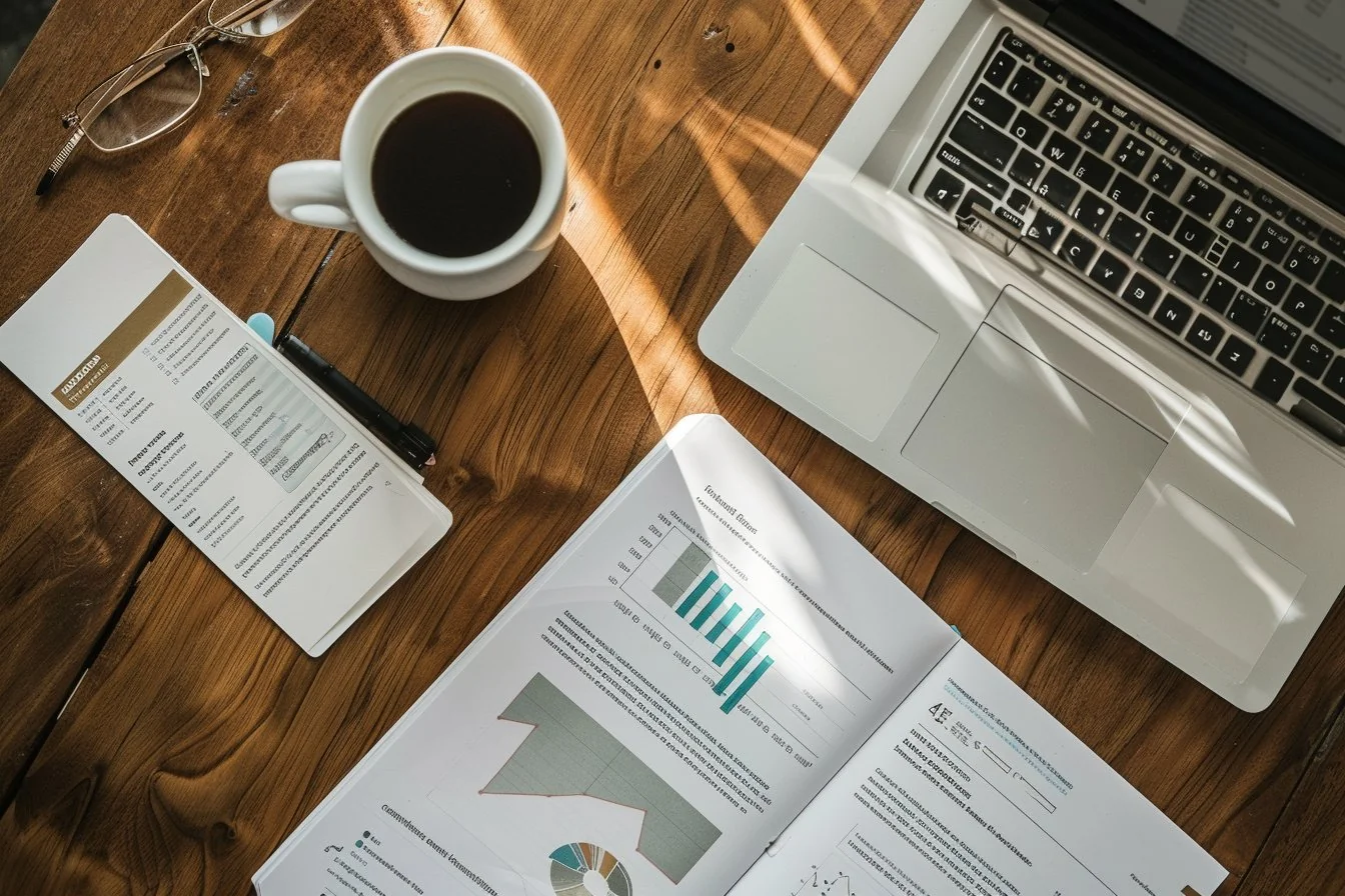 Overhead view of an organised desk with reports, laptop and coffee — structured data work session