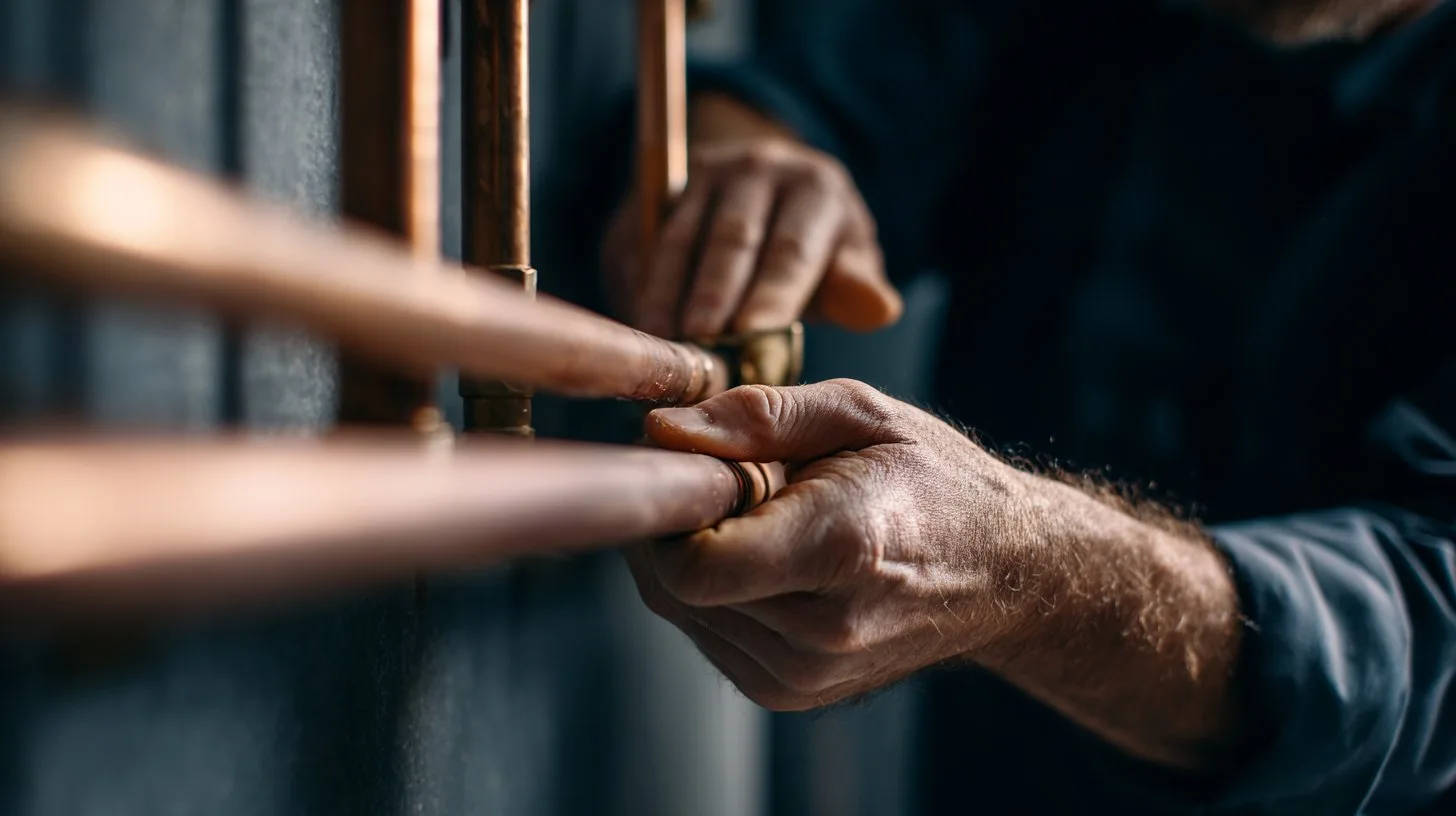 Commercial plumber fitting copper pipes — field service engineer working on brass fittings