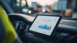 Tablet mounted in a field service vehicle cab displaying operational charts and performance data