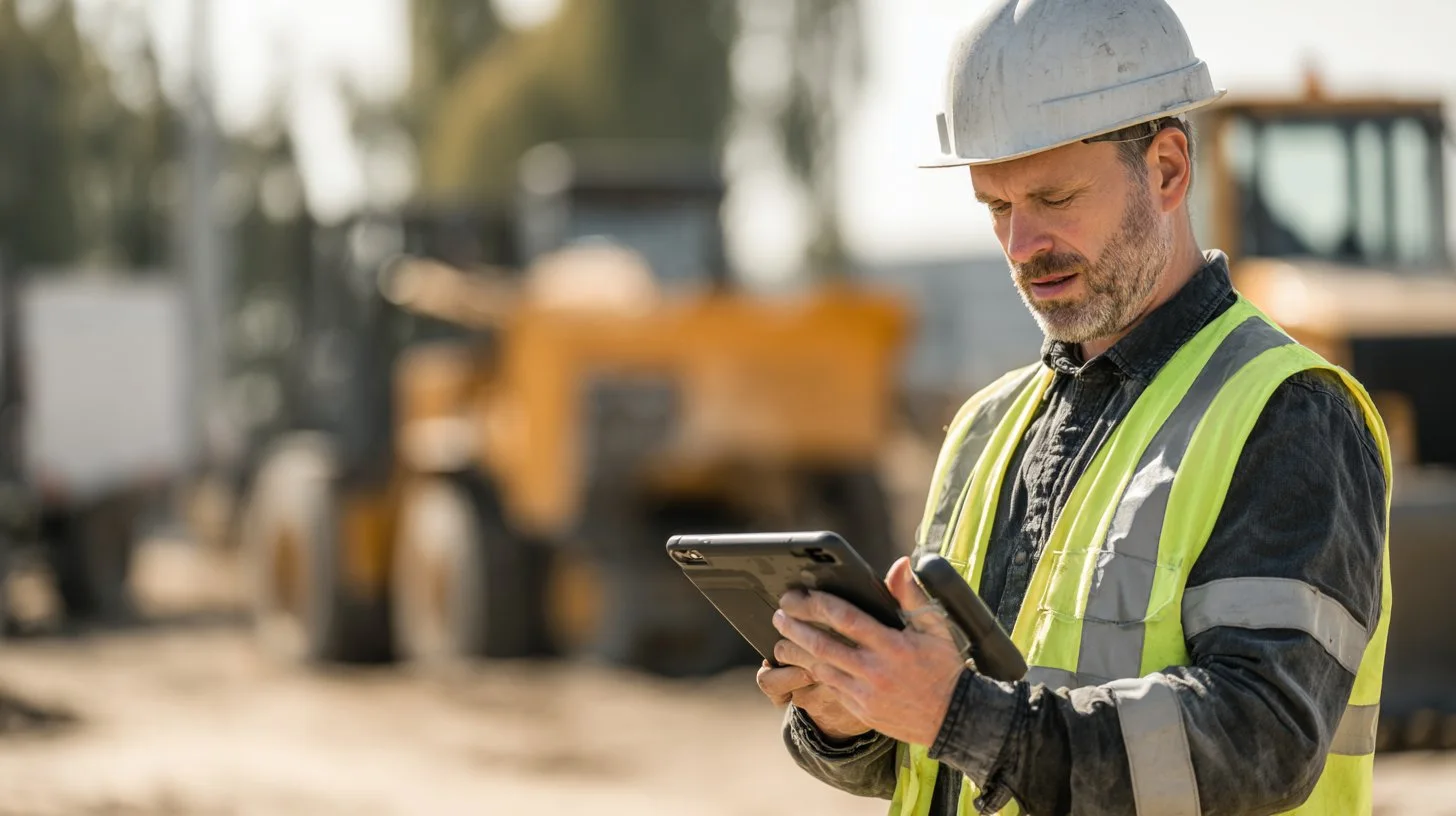 Field service engineer reviewing job data on a tablet on site