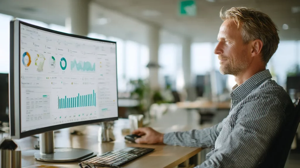 Senior manager reviewing a field service reporting dashboard on a monitor