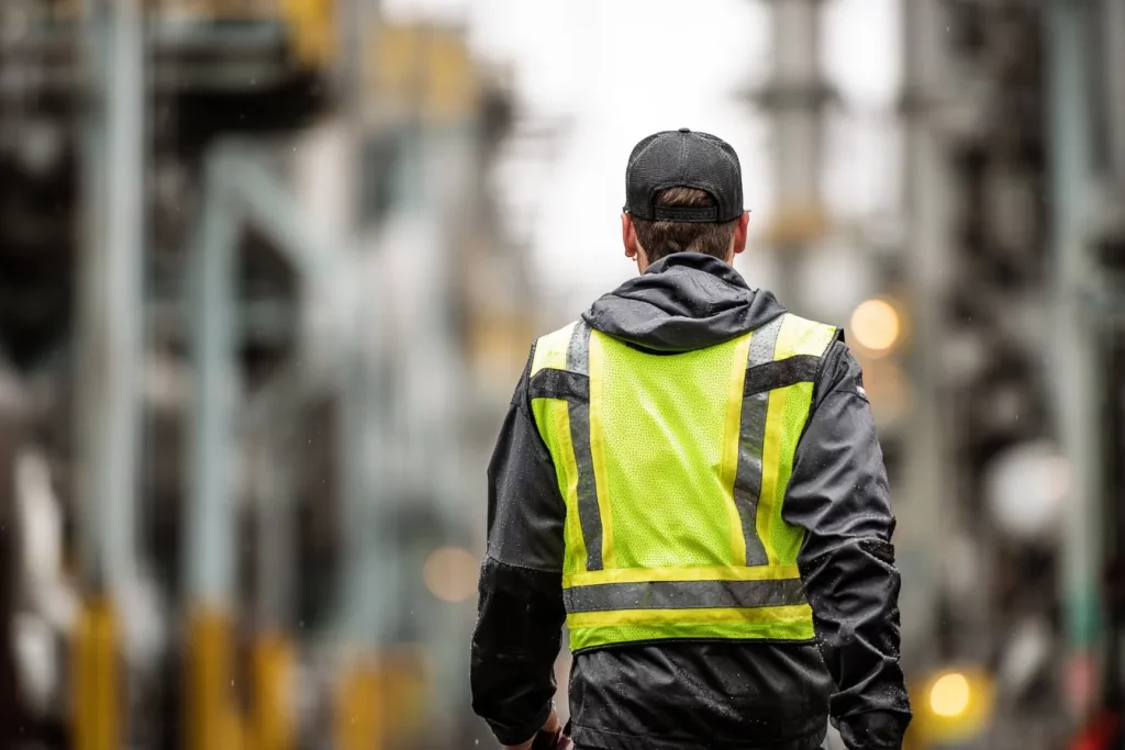 A field service engineer in a high-visibility vest at an industrial facility — the operational environment Responsive Analytix helps organisations get data from