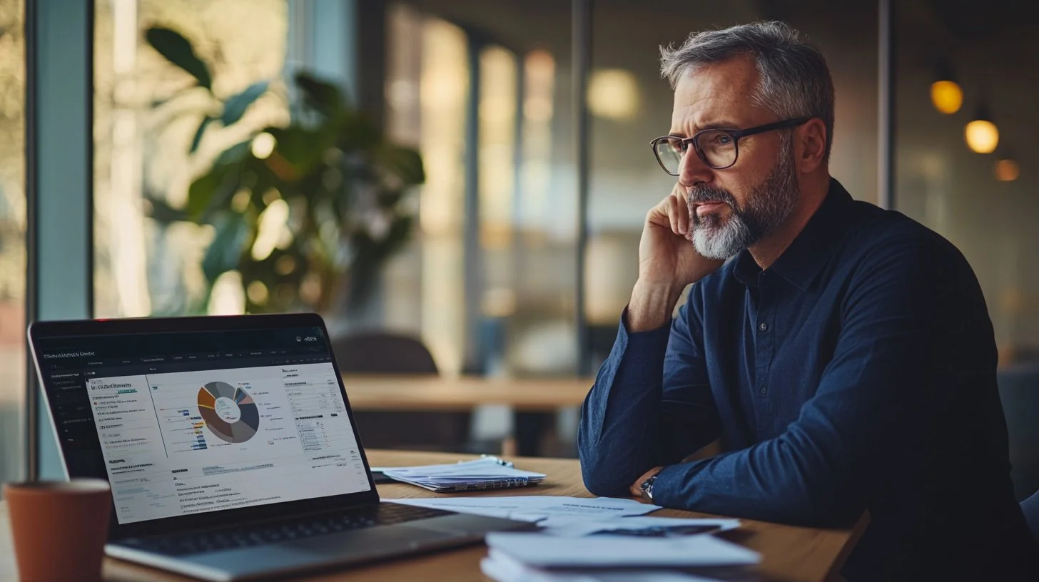 Operations director reviewing management reporting at a meeting room desk