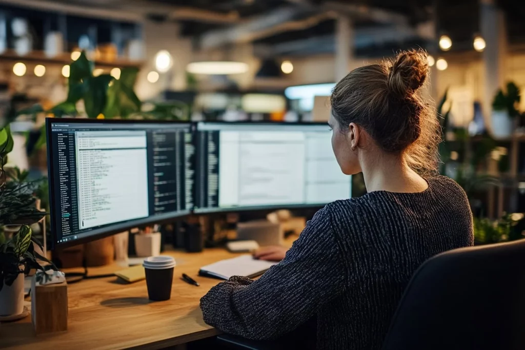 Finance team member working late cross-referencing data on dual monitors