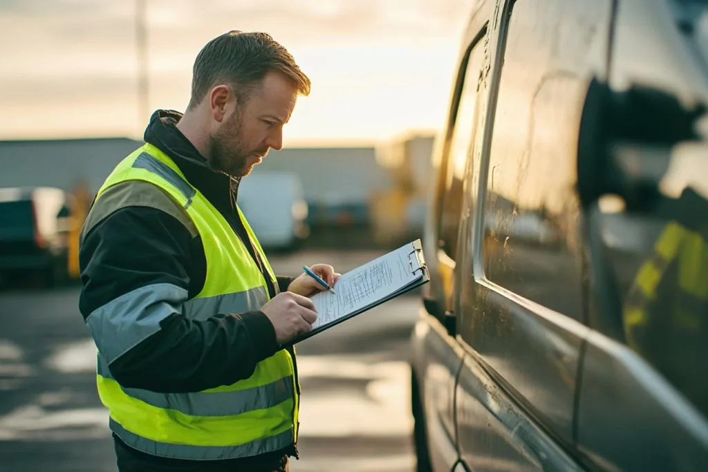 Field service engineer completing a paper timesheet beside a work van