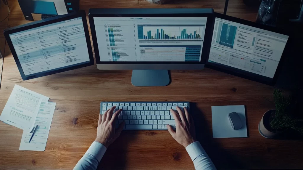 Analyst working across three screens showing disconnected operational data systems