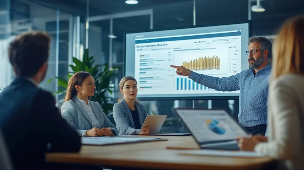 Leadership team reviewing a Power BI dashboard in a boardroom meeting