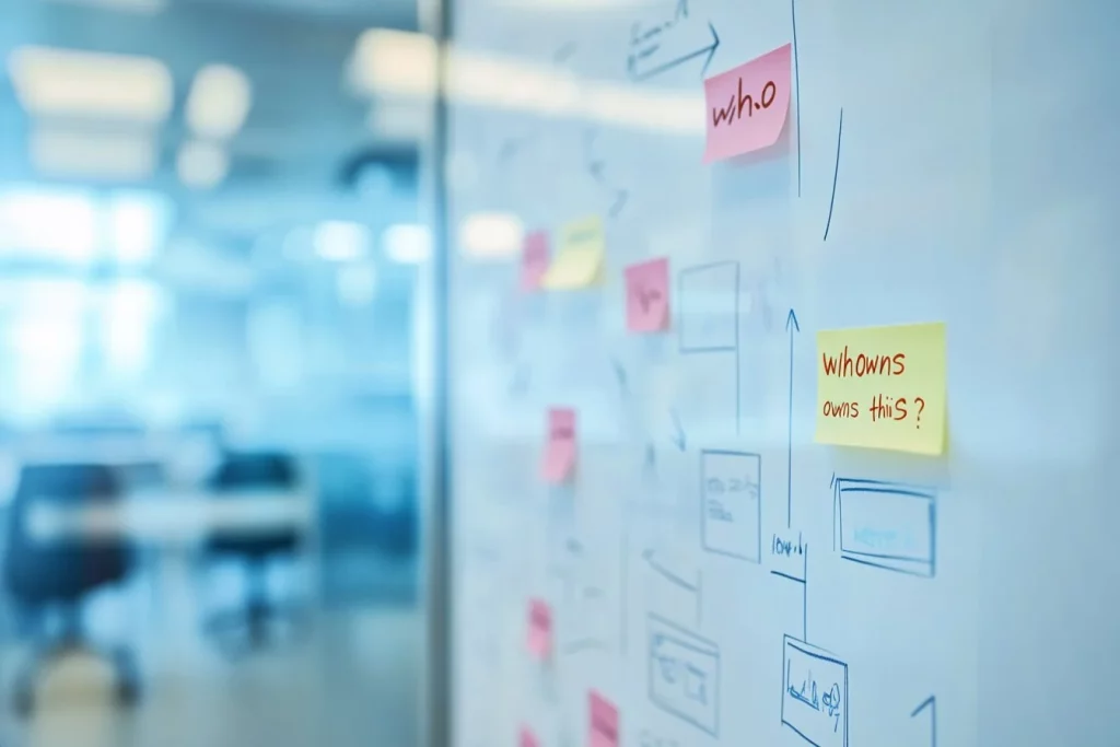 Whiteboard covered in diagrams and sticky notes with no clear data ownership