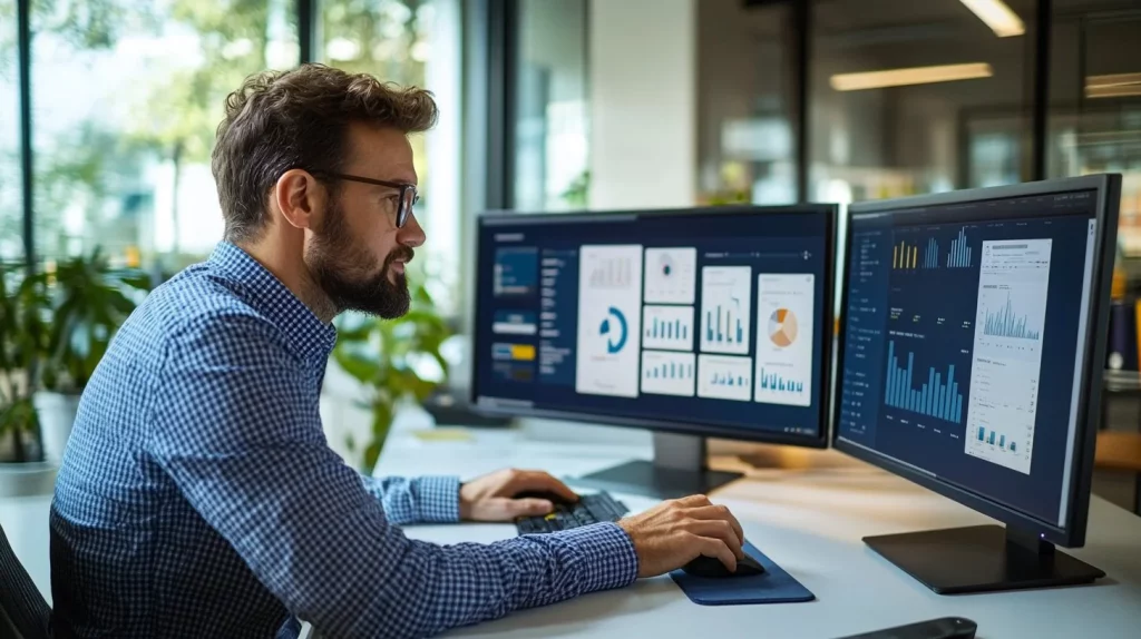 Senior professional reviewing clean, reliable dashboards produced by a data warehouse build