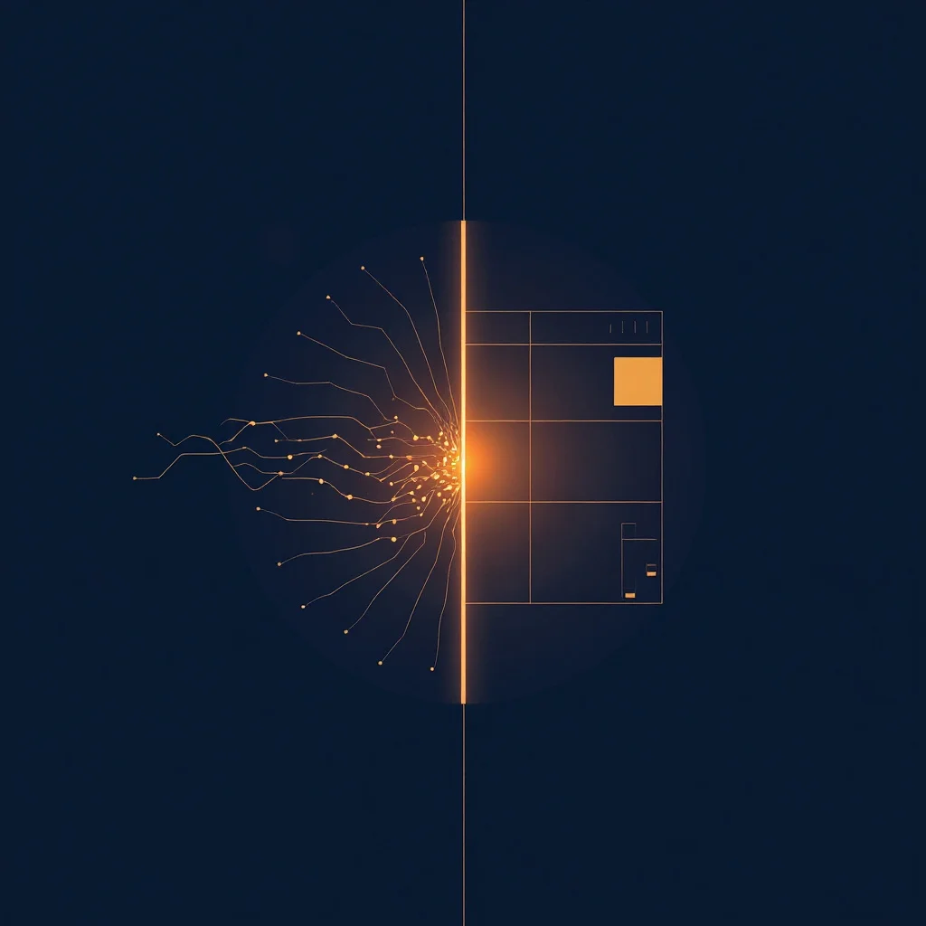 Abstract illustration representing the gap between operational systems and a database migration reporting layer, shown as two connected data structures
