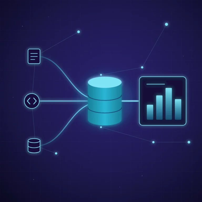 Abstract illustration of report, API and database sources flowing into a central database and a reporting dashboard for Joblogic reporting.