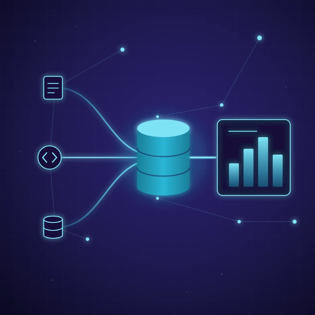 Abstract illustration of report, API and database sources flowing into a central database and a reporting dashboard for Joblogic reporting.